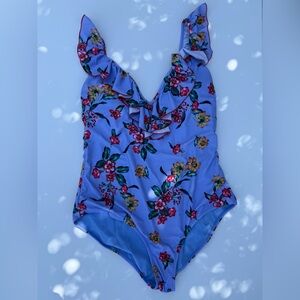 Jessica Simpson Light Blue Floral Ruffle One-Piece Swimsuit